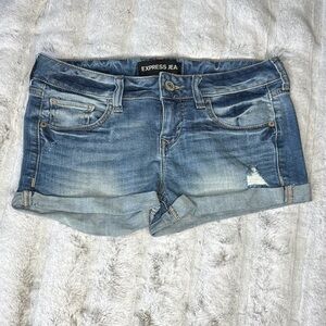 Express Blue Jean Shorts with Distressed Wash size 2